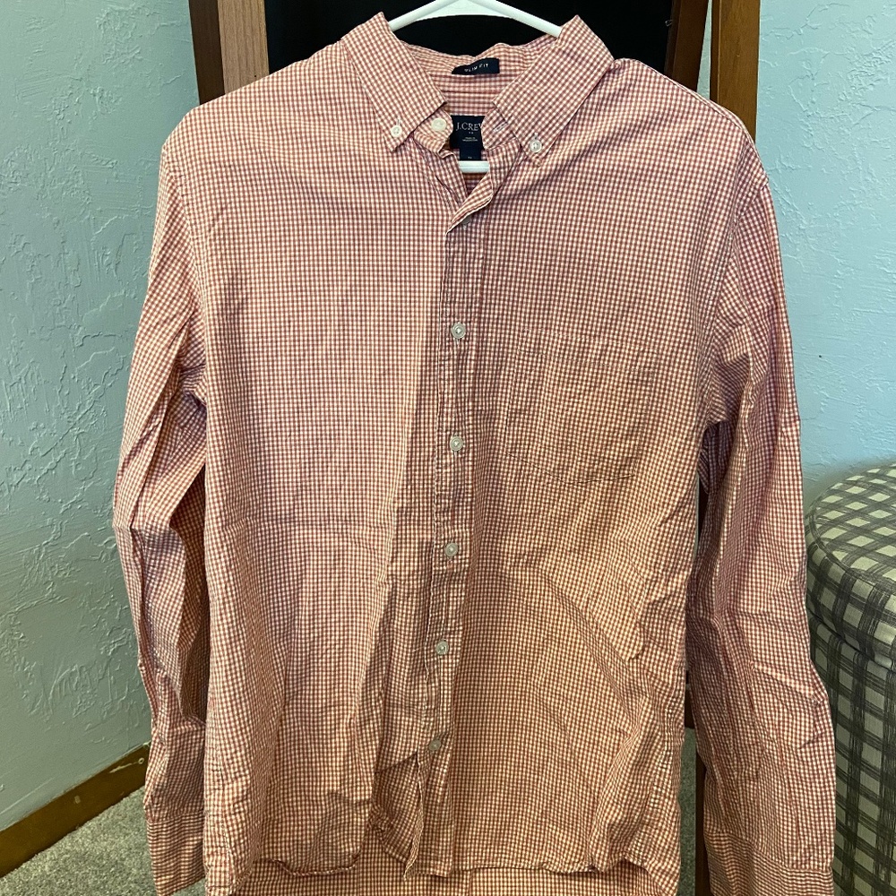 J. Crew Factory Wash Button Down Shirt - Orange/Red and White Mini Gingham